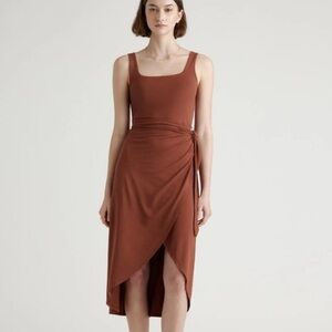 Quince Brown Tencel Jersey Side Tie Dress Sleeveless Midi Wrap sz S Women's